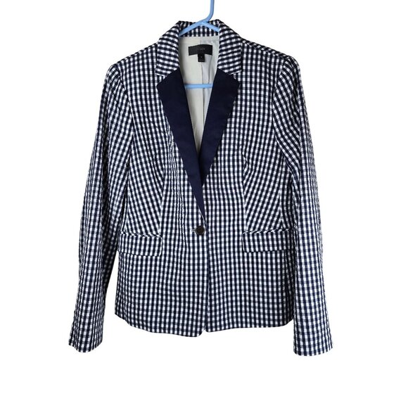J. Crew Navy & White Gingham Blazer Womens Size 14 Cotton-Blend Single Button - Picture 1 of 4